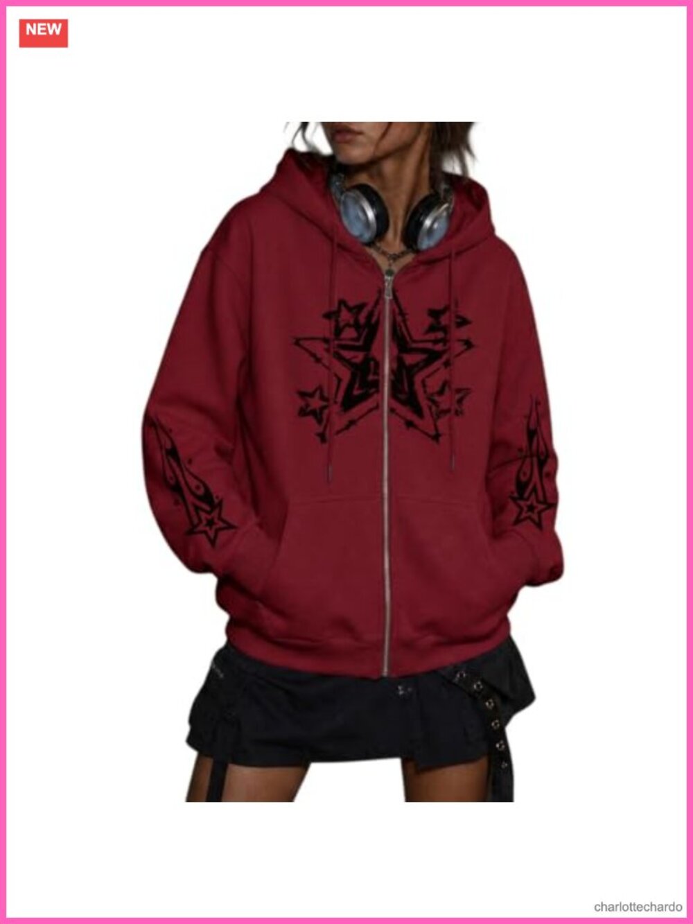 Women's Star Graphic Zip Up Hoodie Y2K Streetwear Oversized Fleece Sweatshirt